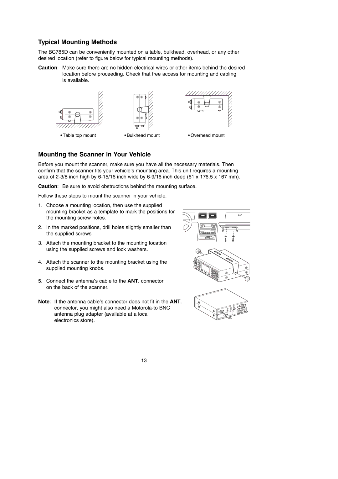 Uniden BC785D manual Typical Mounting Methods, Mounting the Scanner in Your Vehicle 