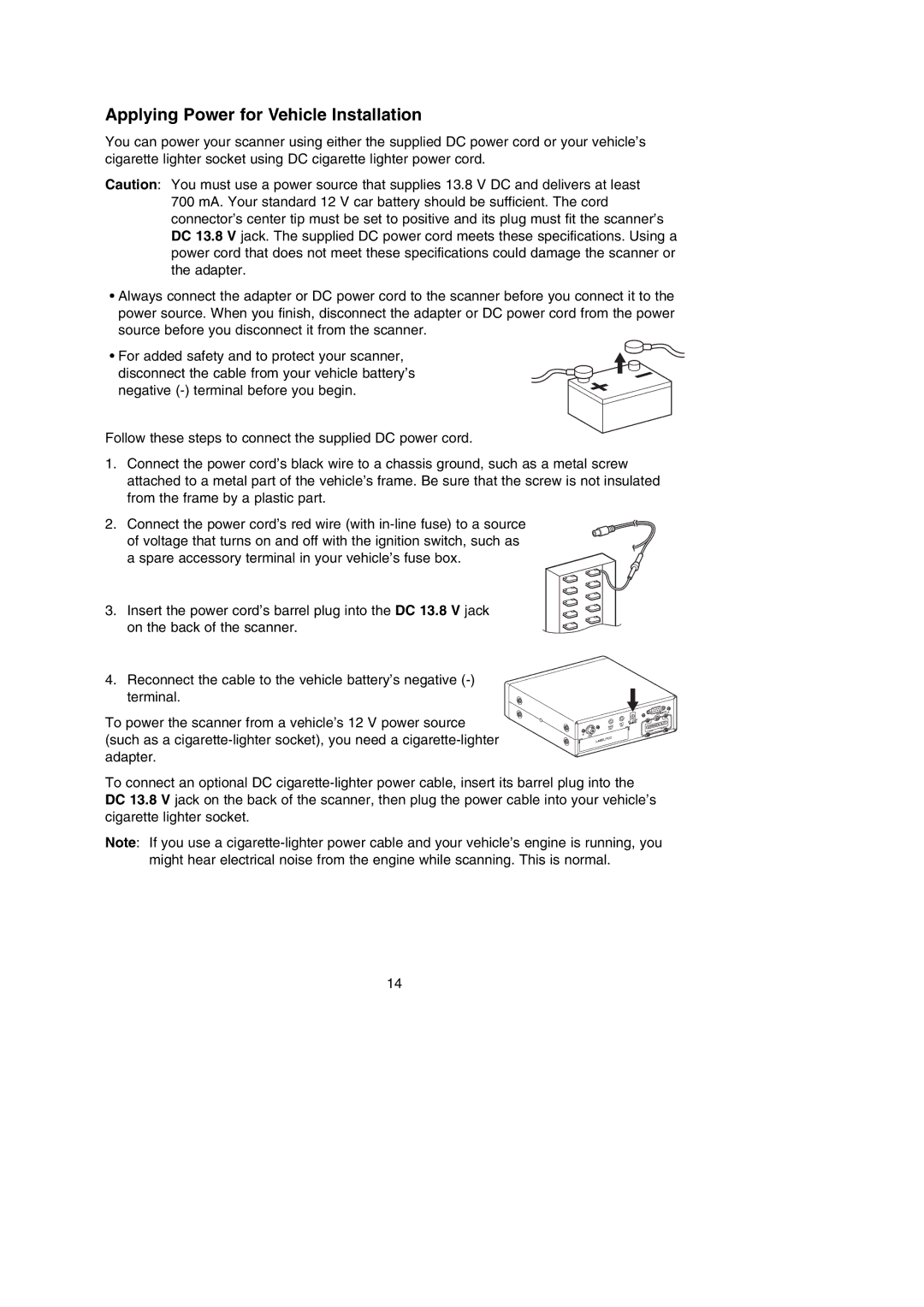 Uniden BC785D manual Applying Power for Vehicle Installation 