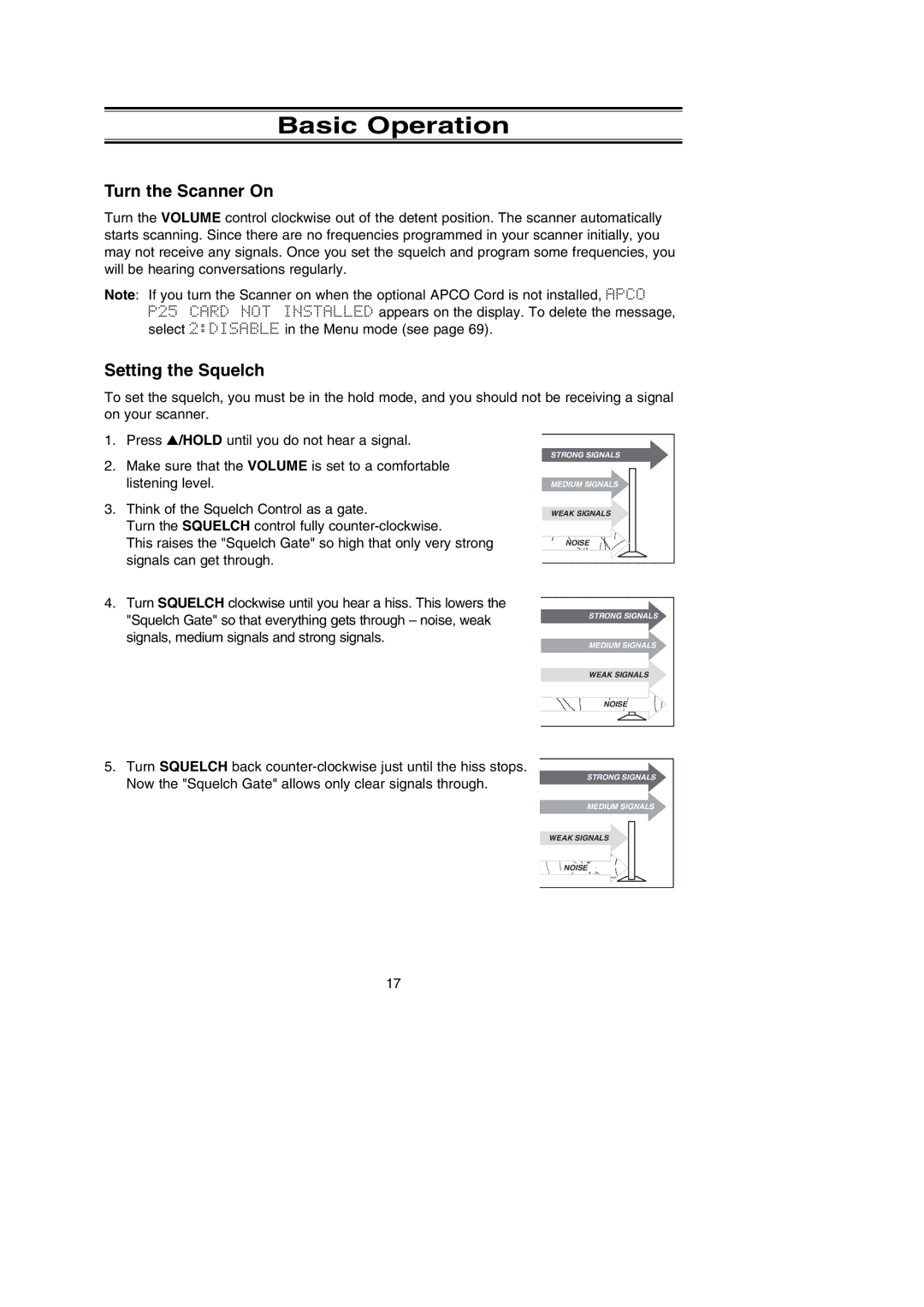 Uniden BC785D manual Basic Operation, Turn the Scanner On, Setting the Squelch 