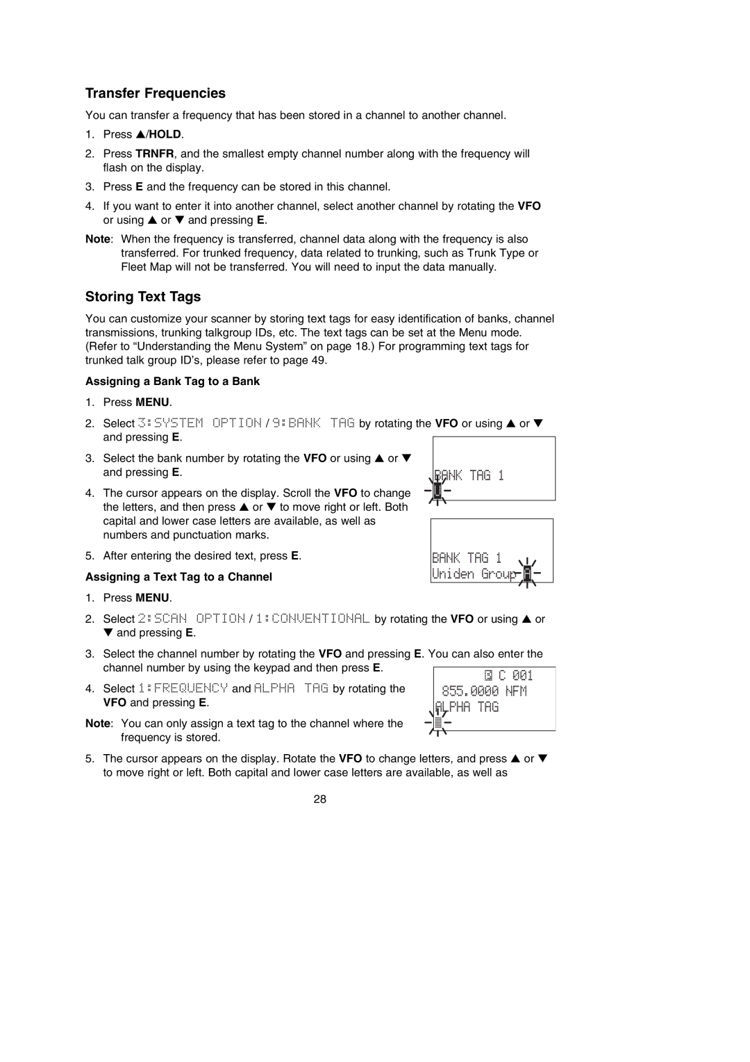 Uniden BC785D Transfer Frequencies, Storing Text Tags, Assigning a Bank Tag to a Bank, Assigning a Text Tag to a Channel 