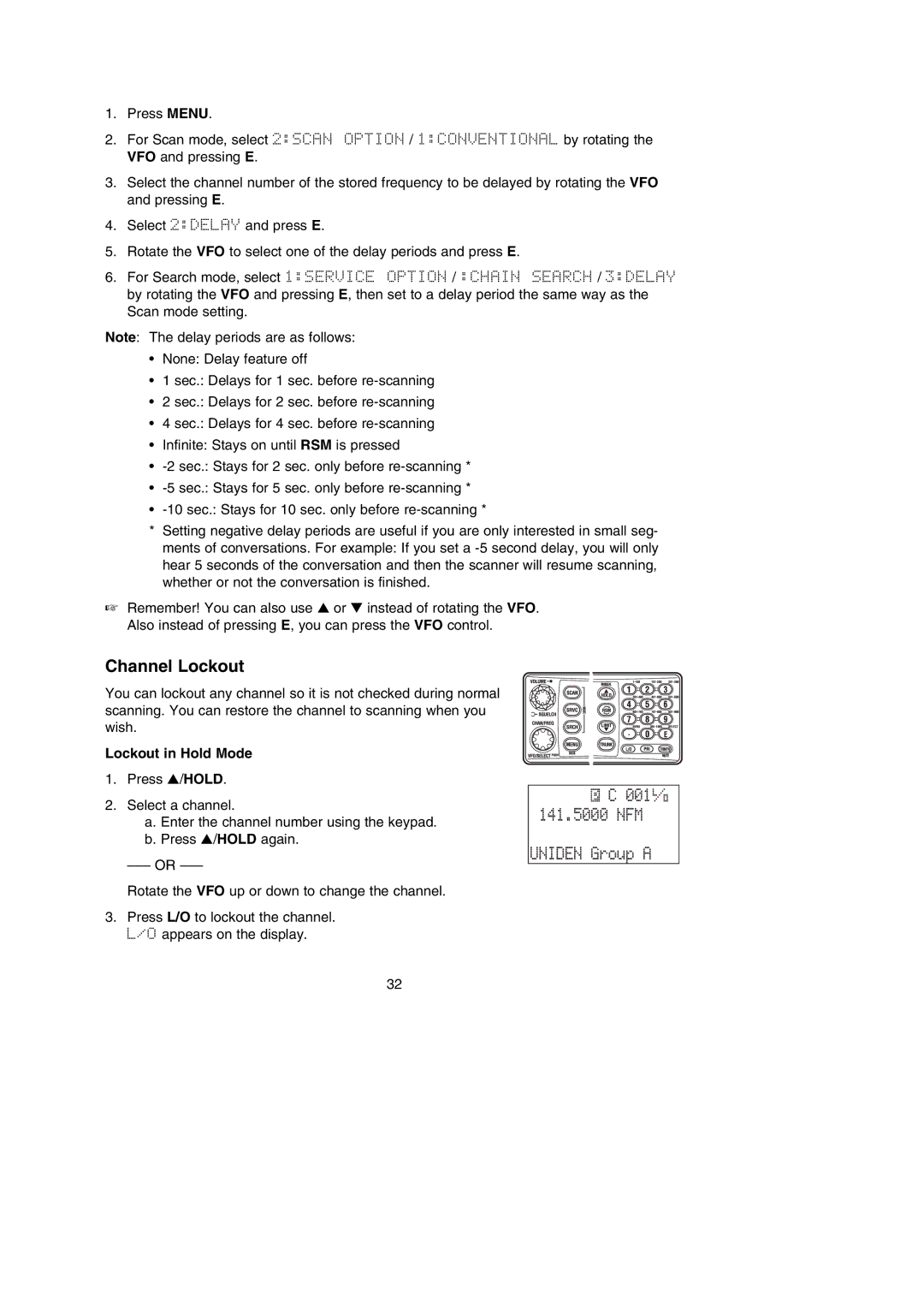 Uniden BC785D manual 001 141.5000 NFM Uniden Group a, Channel Lockout, Lockout in Hold Mode 