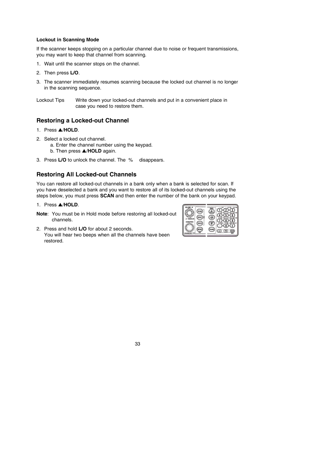 Uniden BC785D manual Restoring a Locked-out Channel, Restoring All Locked-out Channels, Lockout in Scanning Mode 