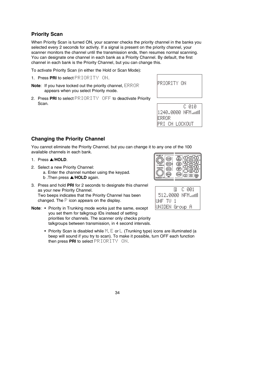 Uniden BC785D manual Priority on, 010 1240.0000 NFM, Error PRI CH Lockout, 001 512.0000 NFM 