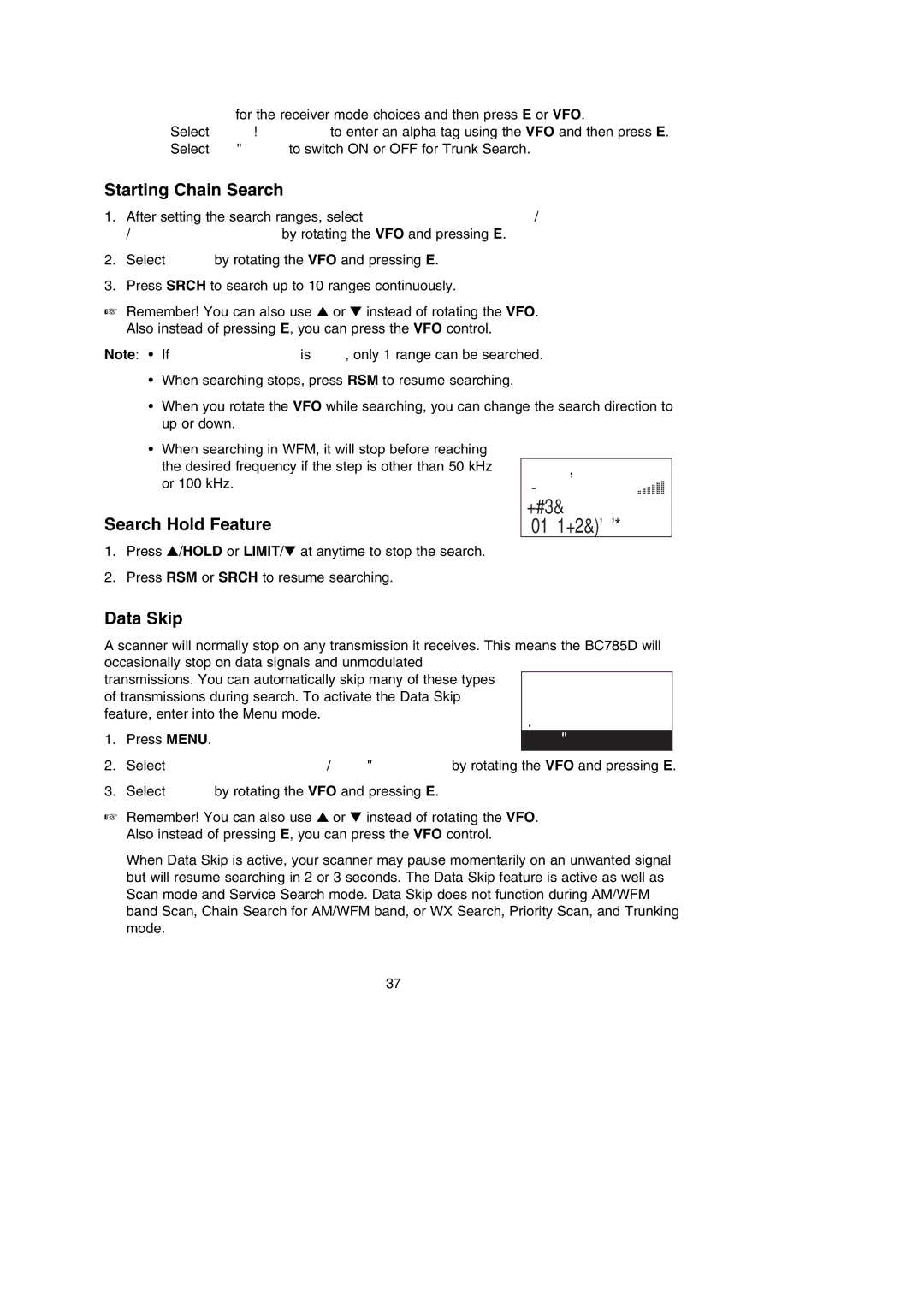Uniden BC785D manual Srch 12.5k 1240.0000 NFM Range 25cm Amateur Grp, Starting Chain Search, Search Hold Feature, Data Skip 