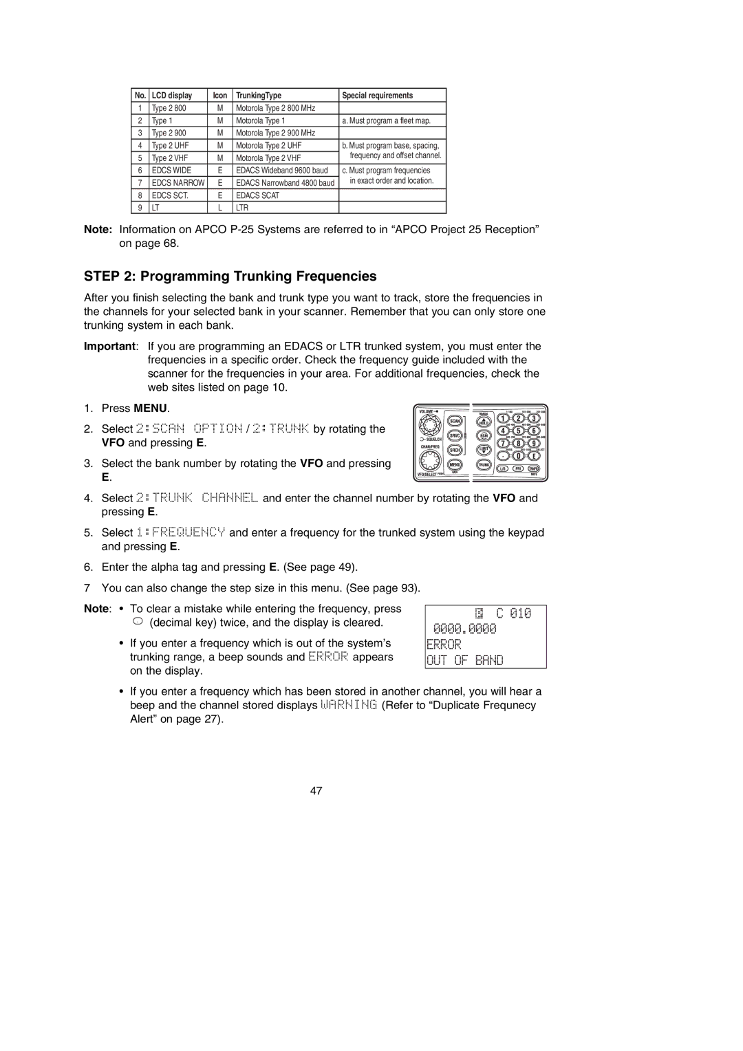 Uniden BC785D manual 010, Programming Trunking Frequencies 