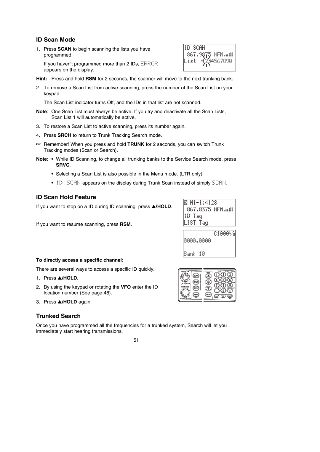 Uniden BC785D manual M1-14128 867.8375 NFM ID Tag List Tag C1000 0000.0000 Bank, ID Scan Mode, ID Scan Hold Feature 