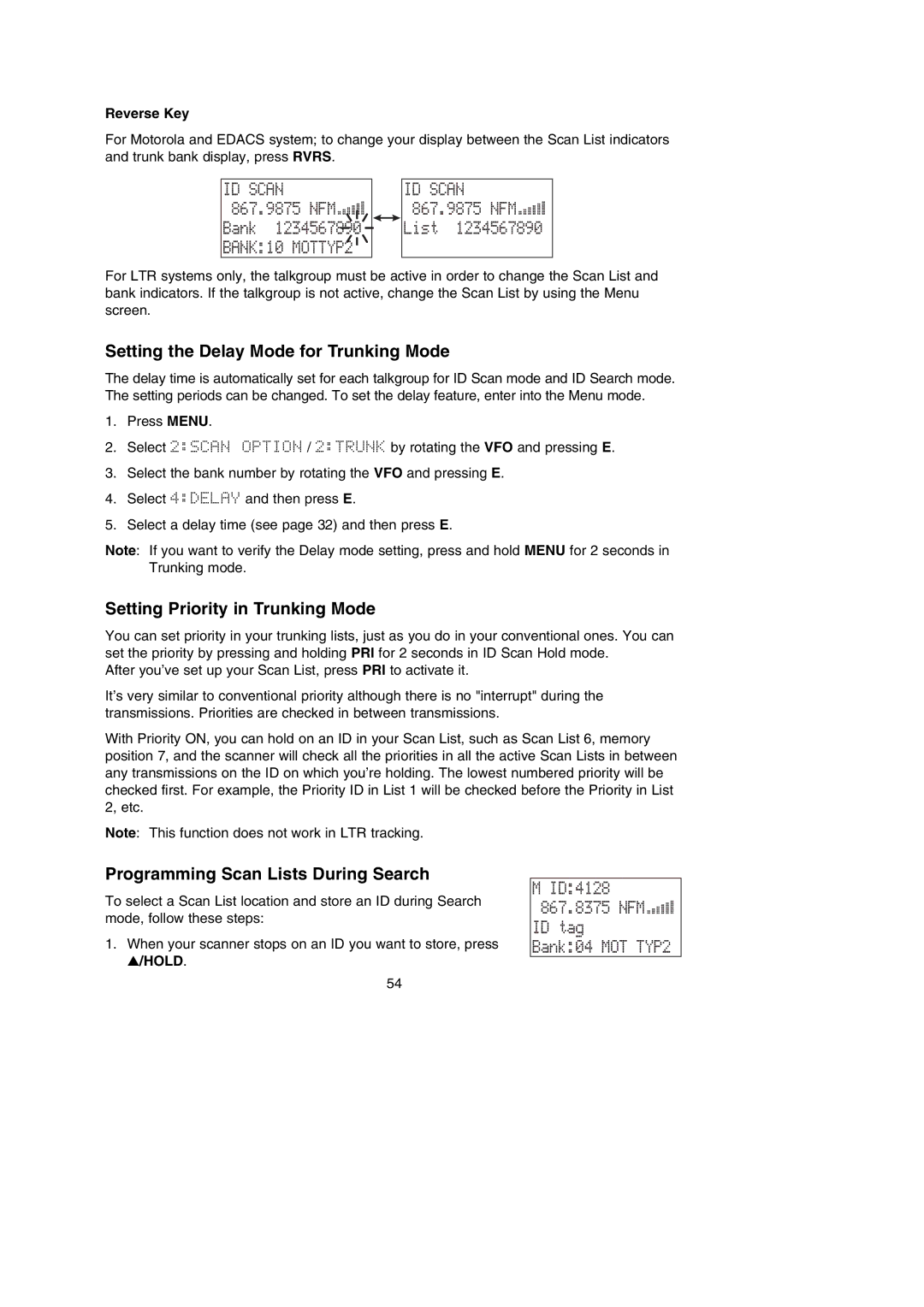 Uniden BC785D manual ID tag Bank04 MOT TYP2, Setting the Delay Mode for Trunking Mode, Setting Priority in Trunking Mode 