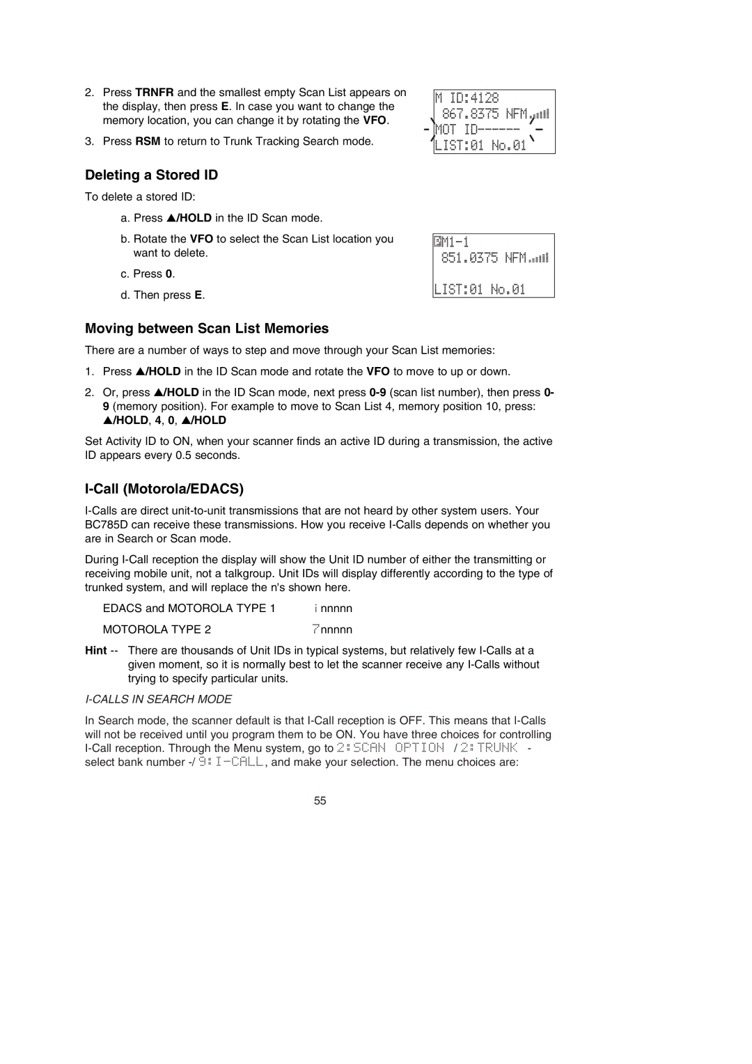 Uniden BC785D manual MOT ID LIST01 No.01 M1-1 851.0375 NFM, Deleting a Stored ID, Moving between Scan List Memories 