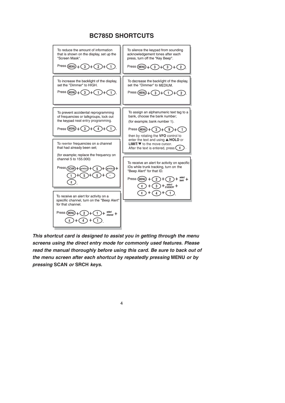 Uniden manual BC785D Shortcuts 