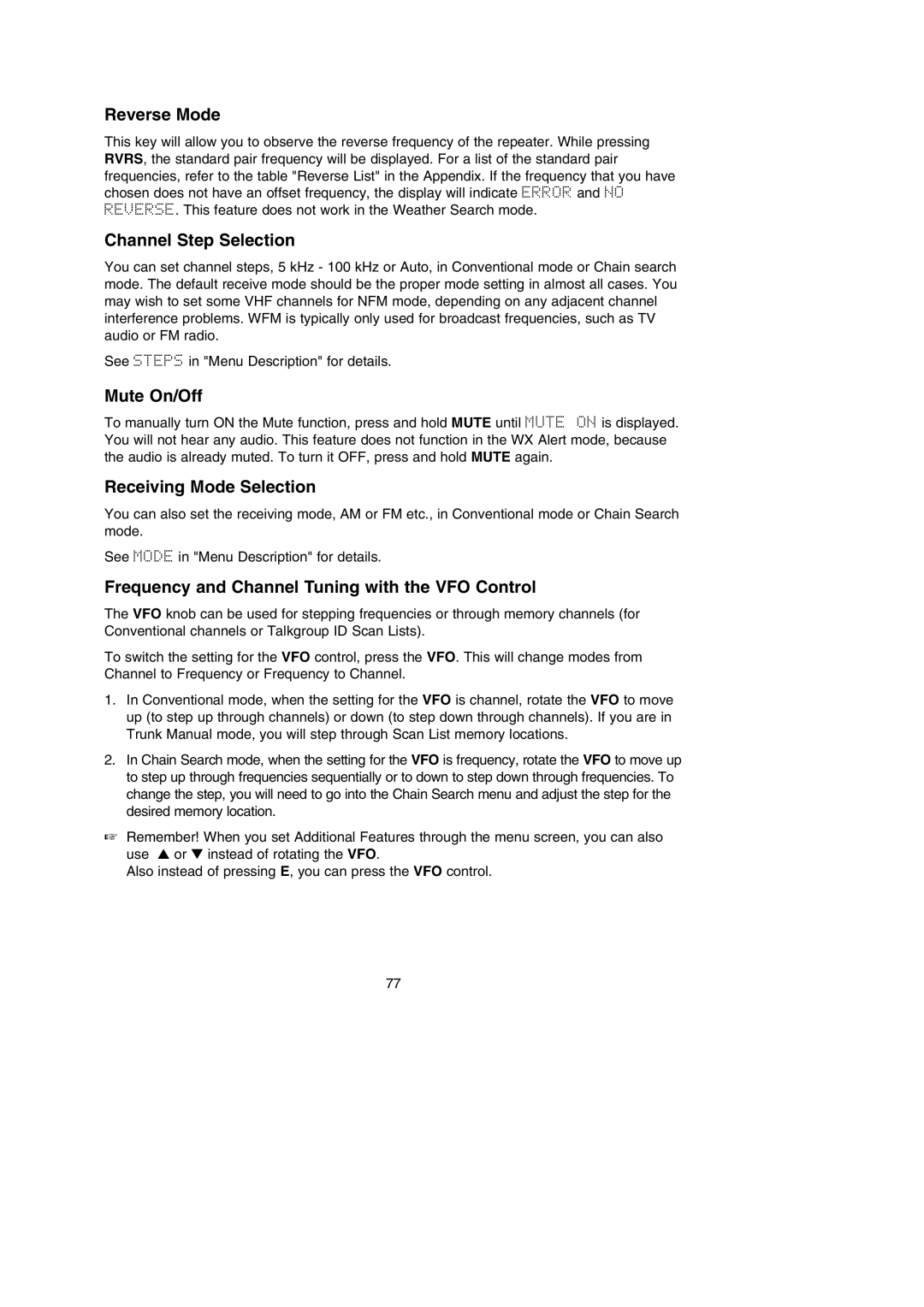 Uniden BC785D manual Reverse Mode, Channel Step Selection, Mute On/Off, Receiving Mode Selection 