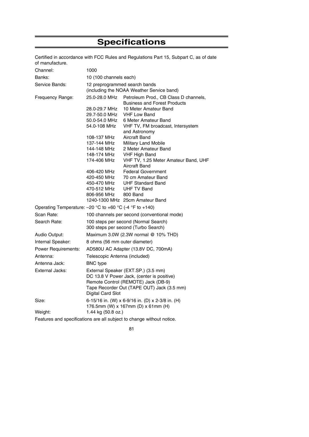 Uniden BC785D manual Specifications 