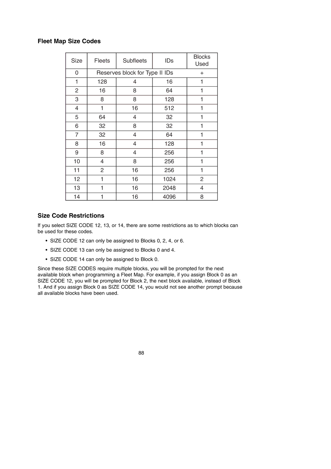 Uniden BC785D manual Fleet Map Size Codes, Size Code Restrictions 