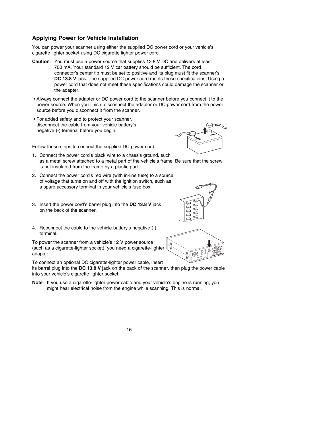 Uniden BC796D APC0 25 manual Applying Power for Vehicle Installation 