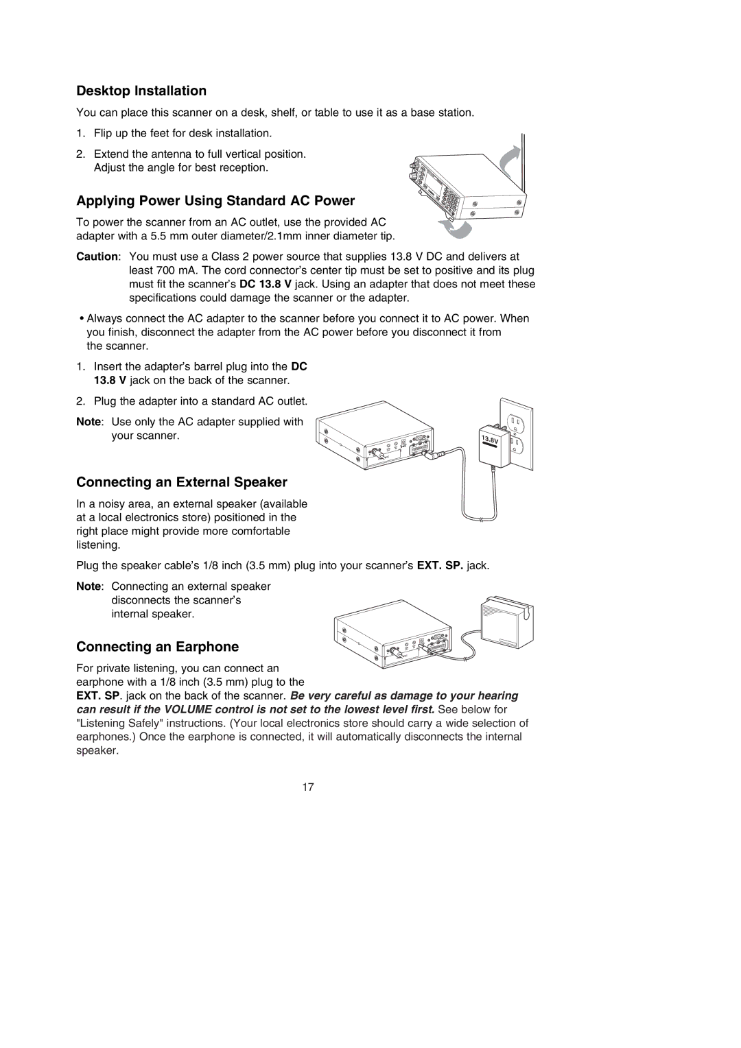 Uniden BC796D APC0 25 manual Desktop Installation, Applying Power Using Standard AC Power, Connecting an External Speaker 