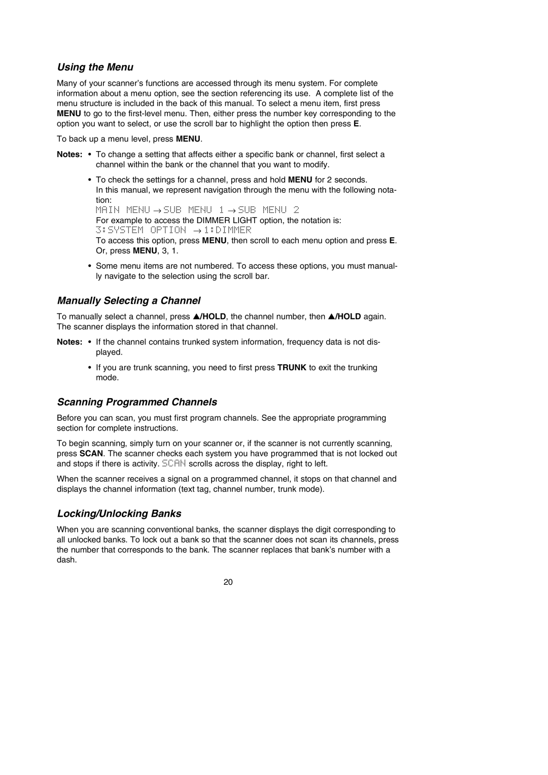 Uniden BC796D APC0 25 Using the Menu, Manually Selecting a Channel, Scanning Programmed Channels, Locking/Unlocking Banks 