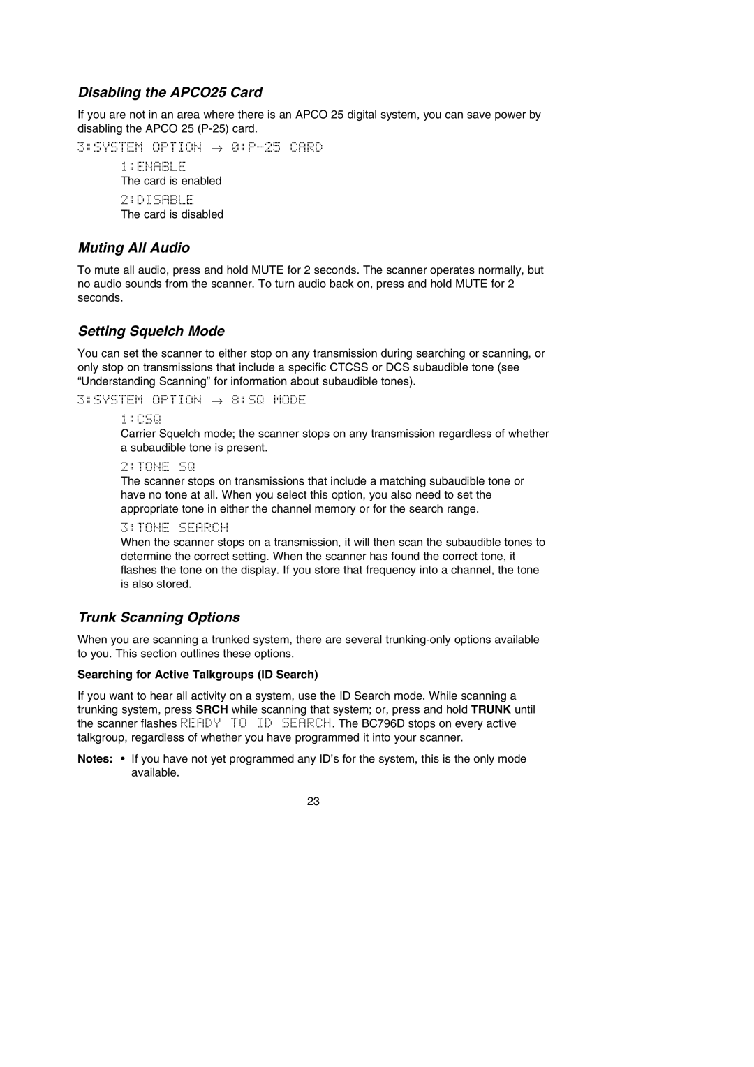 Uniden BC796D APC0 25 manual Disabling the APCO25 Card, Muting All Audio, Setting Squelch Mode, Trunk Scanning Options 