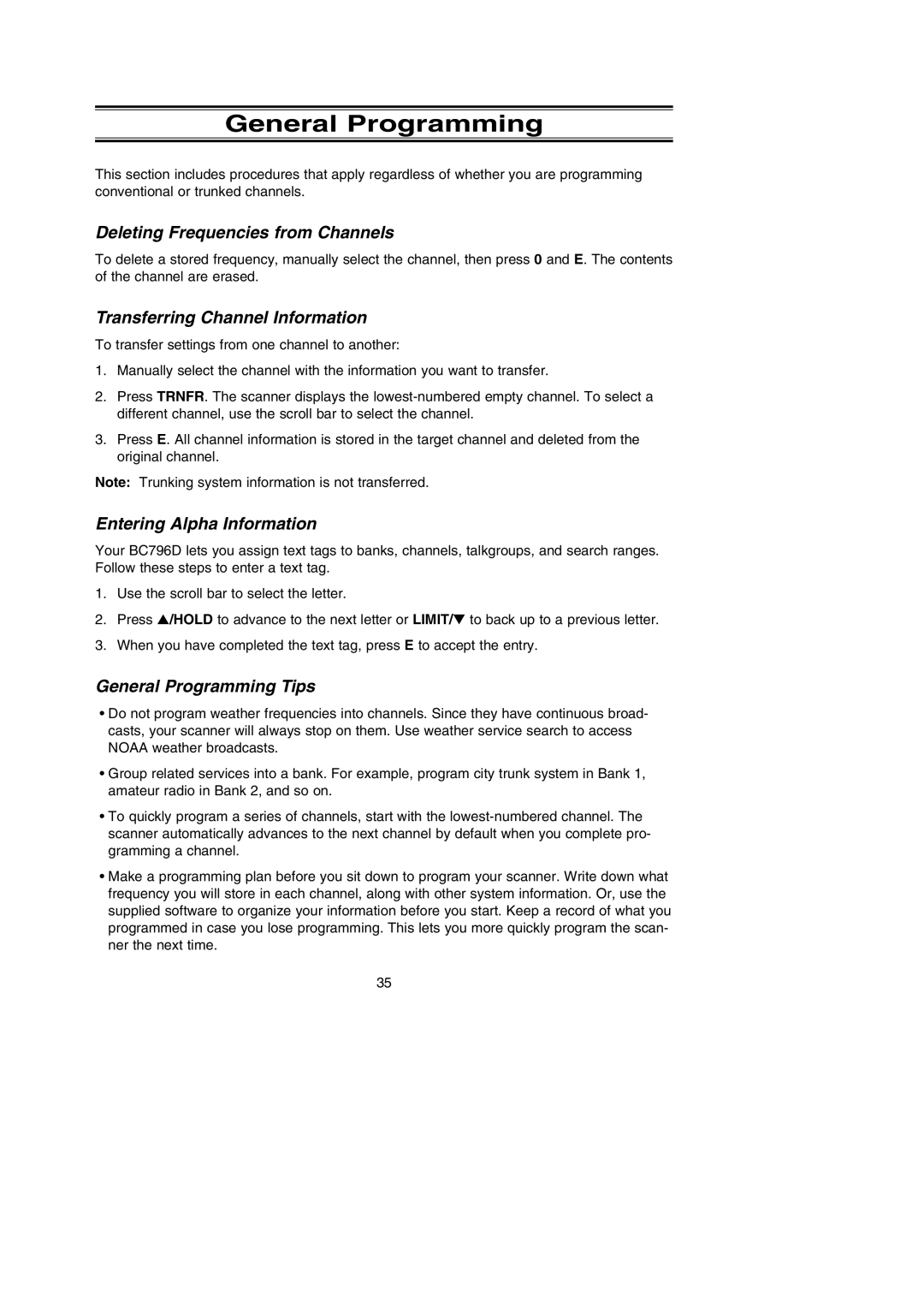 Uniden BC796D APC0 25 manual General Programming, Deleting Frequencies from Channels, Transferring Channel Information 