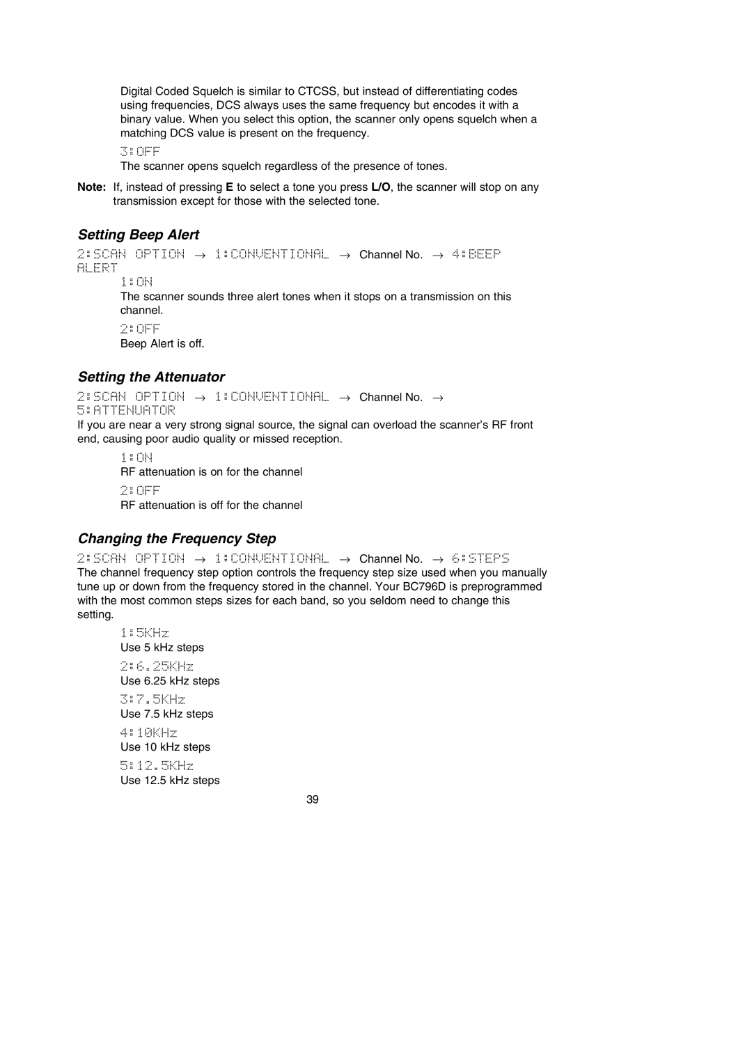 Uniden BC796D APC0 25 manual Setting Beep Alert, Setting the Attenuator, Changing the Frequency Step 