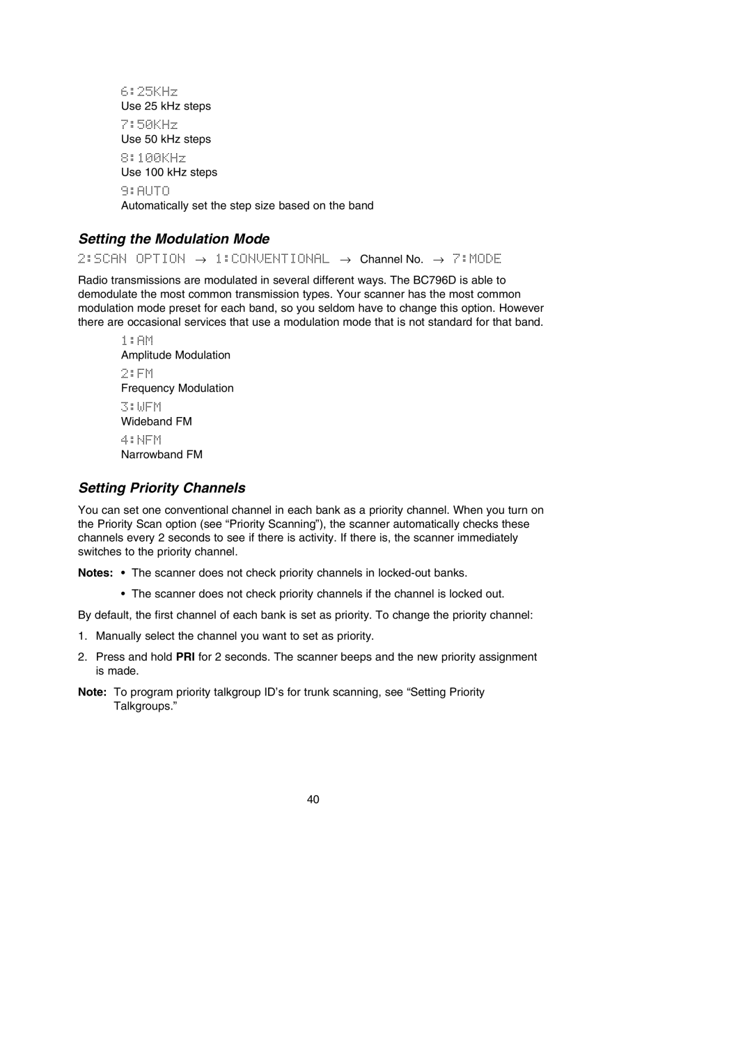 Uniden BC796D APC0 25 manual Setting the Modulation Mode, Setting Priority Channels 