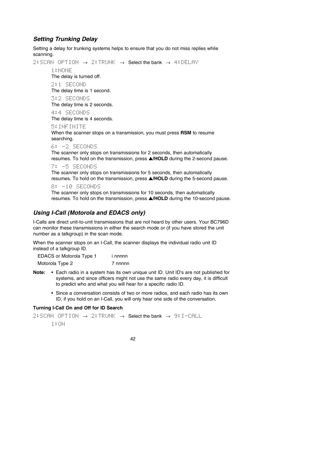 Uniden BC796D APC0 25 manual Setting Trunking Delay, Using I-Call Motorola and Edacs only 