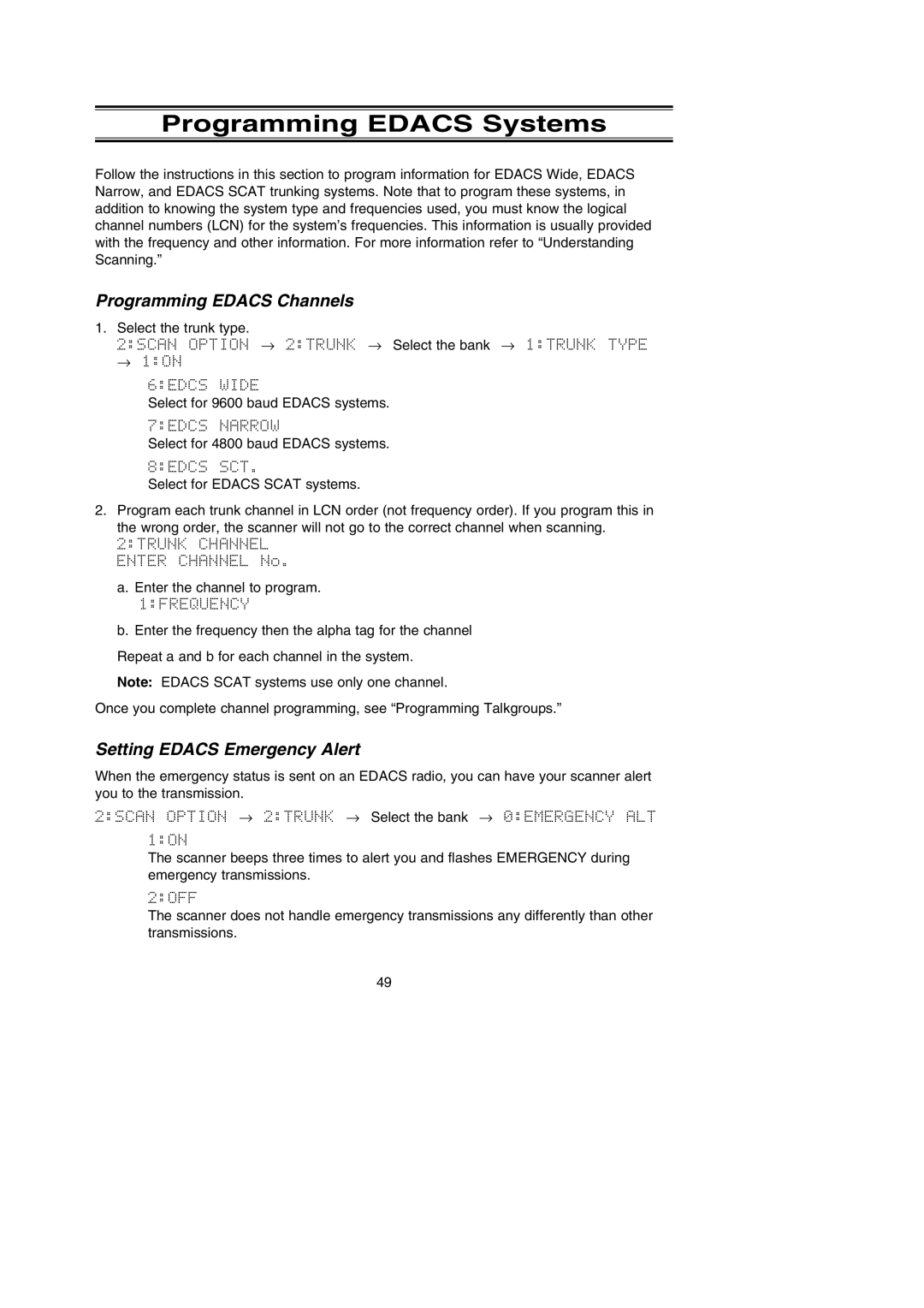 Uniden BC796D APC0 25 manual Programming Edacs Systems, Programming Edacs Channels, Setting Edacs Emergency Alert 