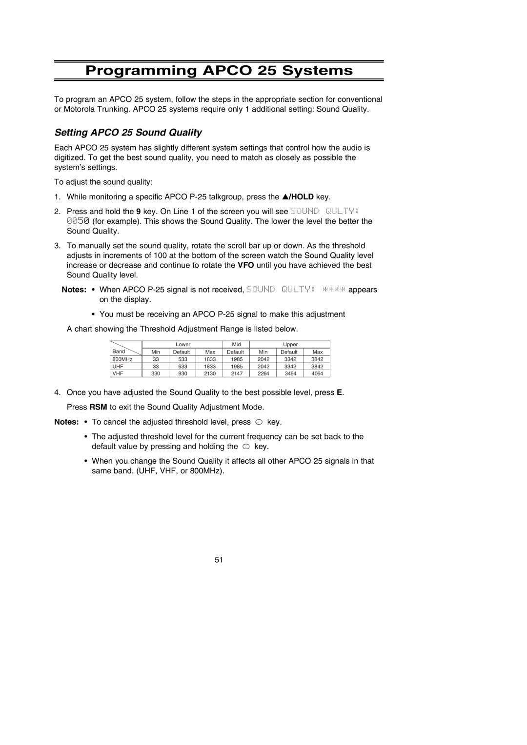 Uniden BC796D APC0 25 manual Programming Apco 25 Systems, Setting Apco 25 Sound Quality 