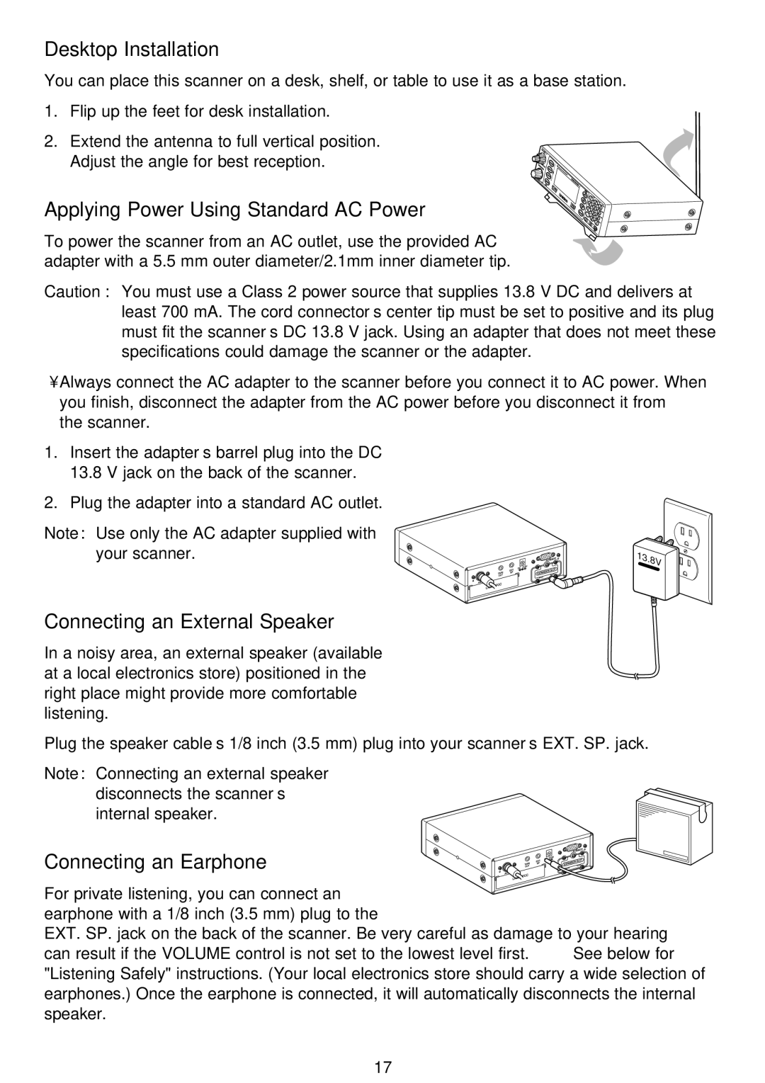 Uniden APCO 25, BC796D manual Desktop Installation, Applying Power Using Standard AC Power, Connecting an External Speaker 