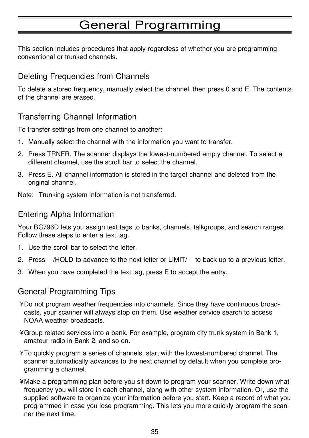 Uniden APCO 25, BC796D manual General Programming, Deleting Frequencies from Channels, Transferring Channel Information 