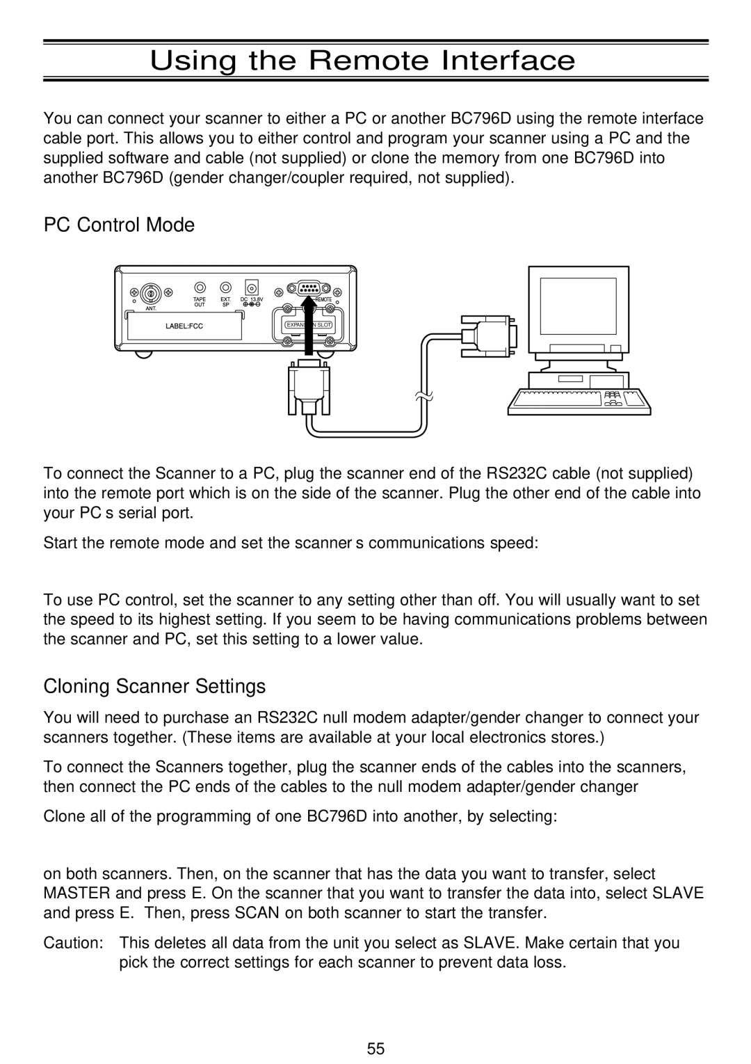 Uniden APCO 25, BC796D manual Using the Remote Interface, PC Control Mode, Cloning Scanner Settings 