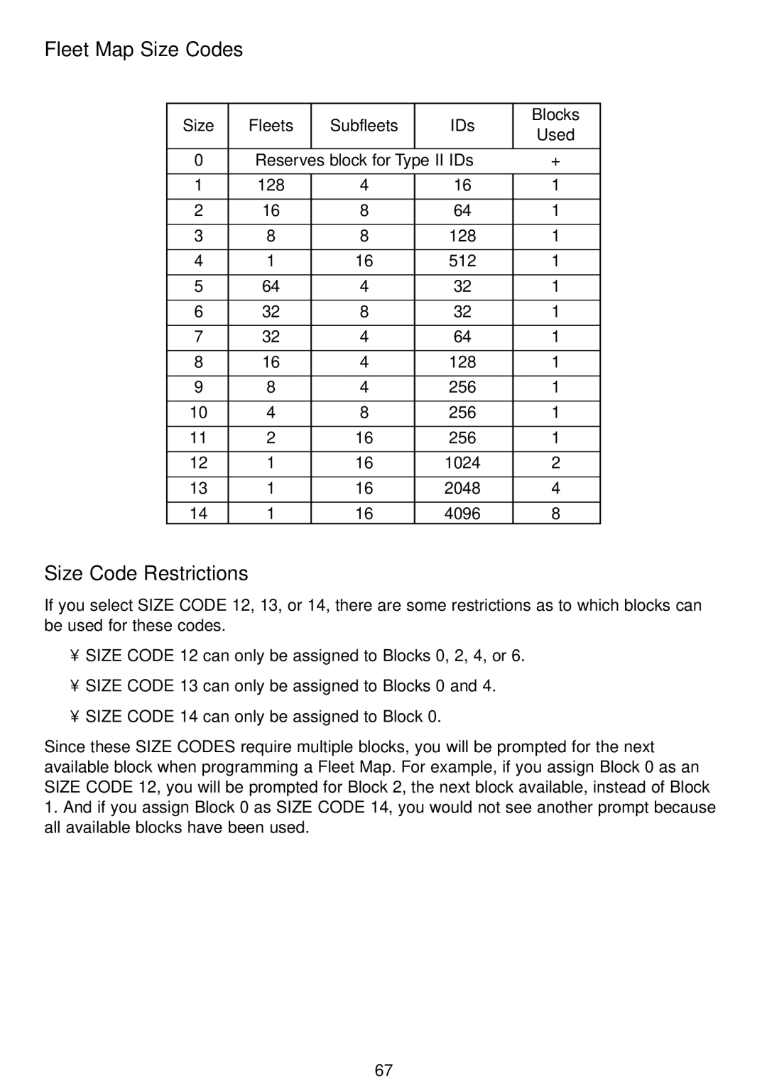 Uniden APCO 25, BC796D manual Fleet Map Size Codes, Size Code Restrictions 