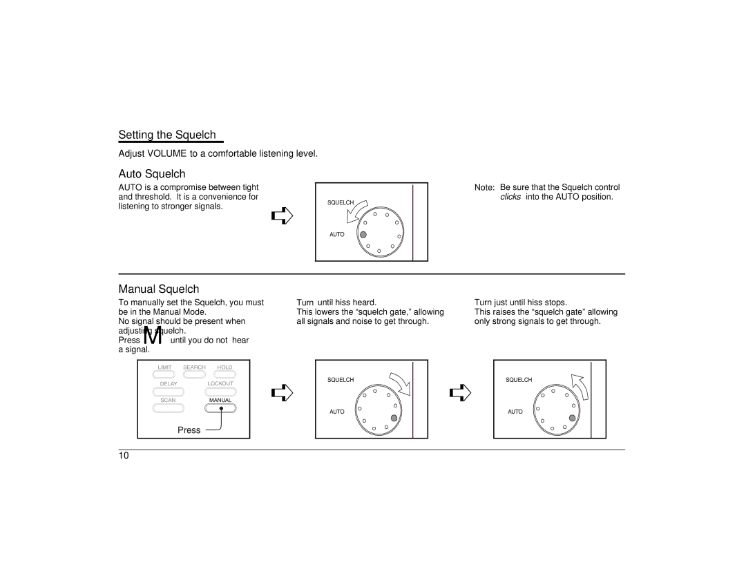 Uniden BC860XLT technical specifications Setting the Squelch, Auto Squelch, Manual Squelch 