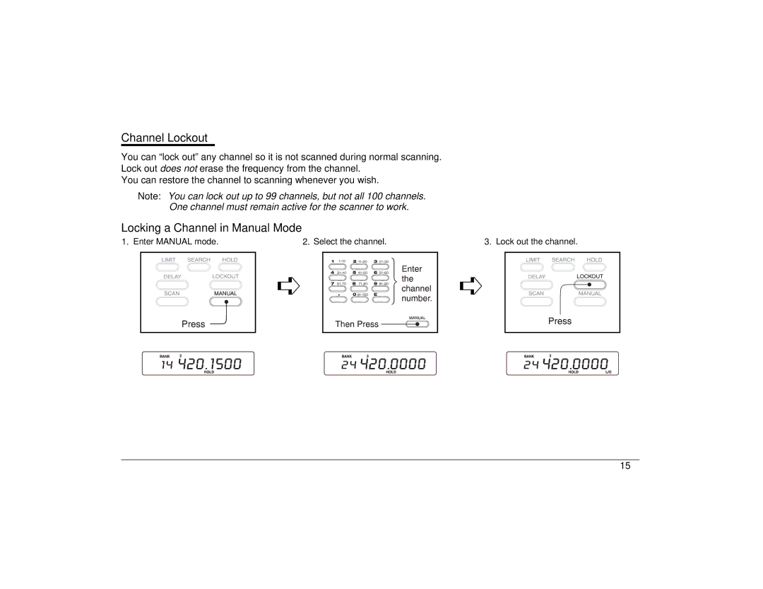 Uniden BC860XLT technical specifications Channel Lockout, Locking a Channel in Manual Mode 