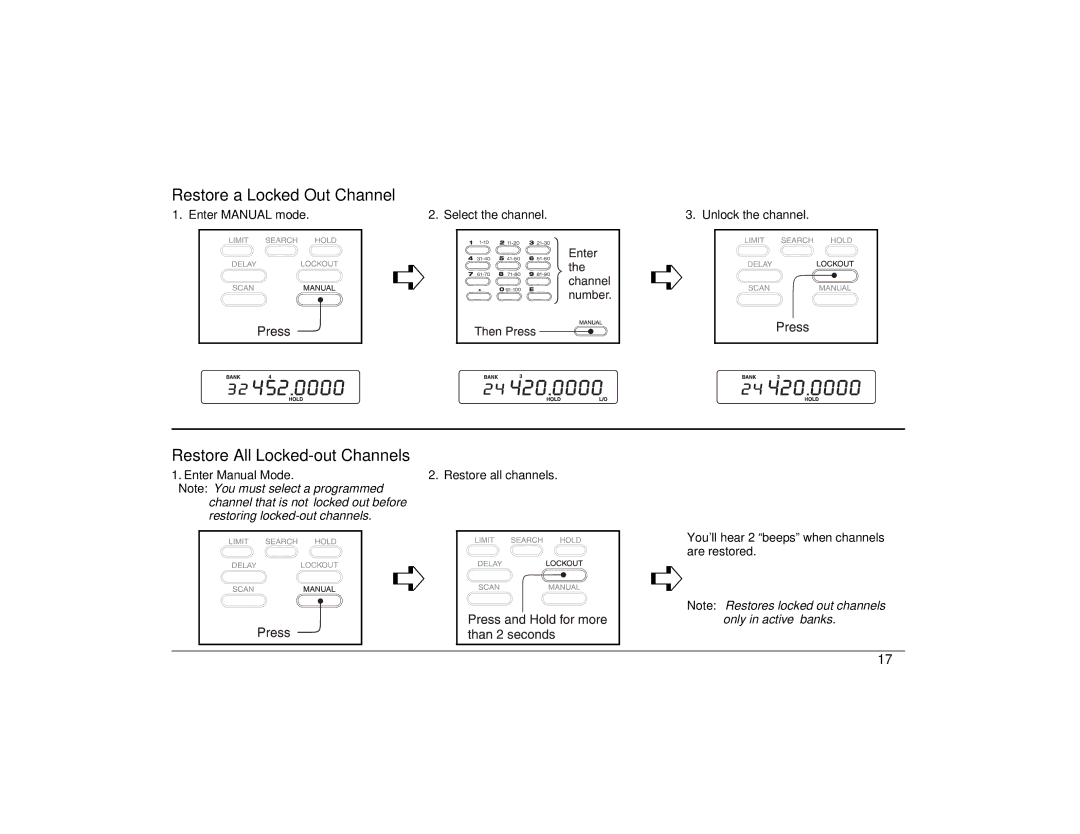 Uniden BC860XLT technical specifications Restore a Locked Out Channel, Restore All Locked-out Channels 