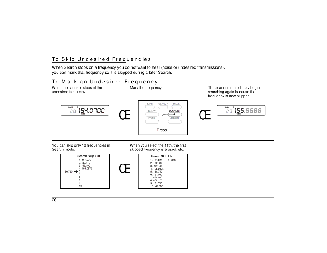 Uniden BC860XLT technical specifications To Skip Undesired Frequencies, To Mark an Undesired Frequency 