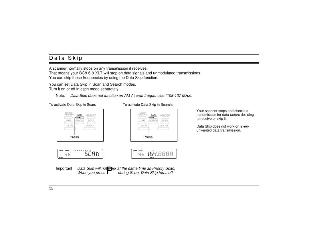 Uniden BC860XLT technical specifications Data Skip 