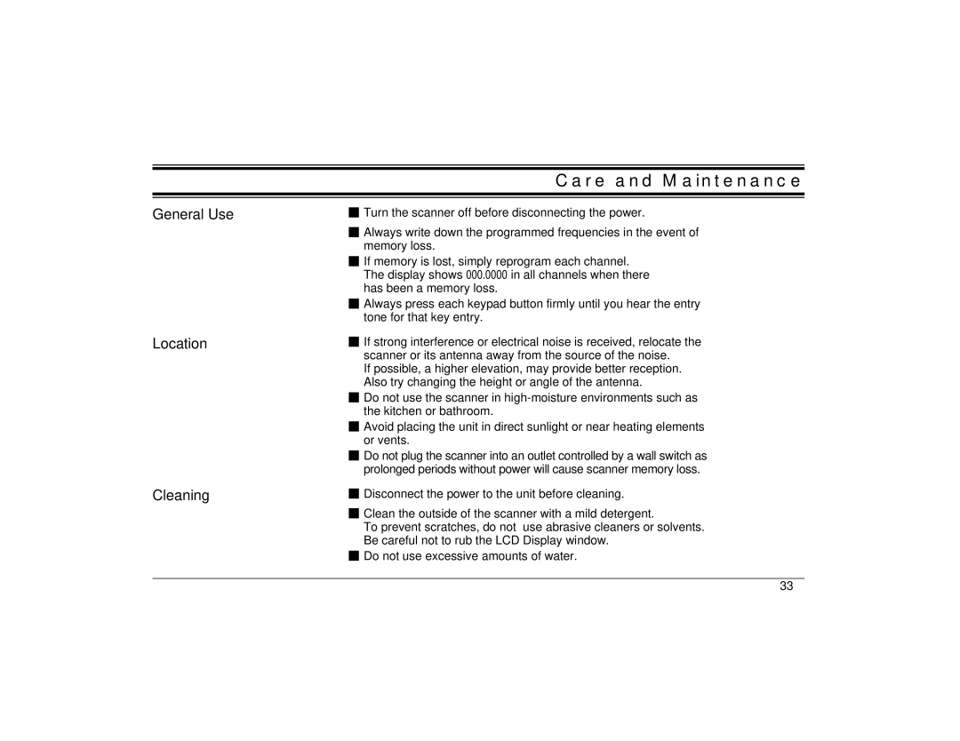 Uniden BC860XLT technical specifications Care and Maintenance, General Use Location Cleaning 