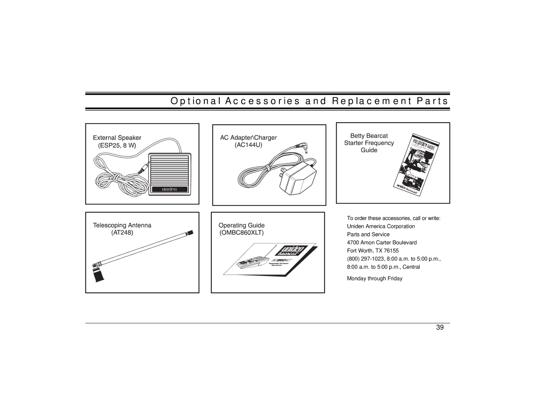 Uniden BC860XLT technical specifications Optional Accessories and Replacement Parts, Uniden America Corporation 