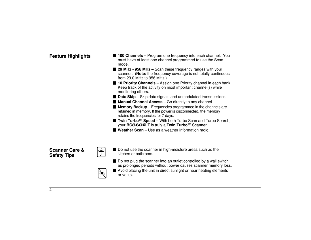 Uniden BC860XLT technical specifications Feature Highlights Scanner Care & Safety Tips 