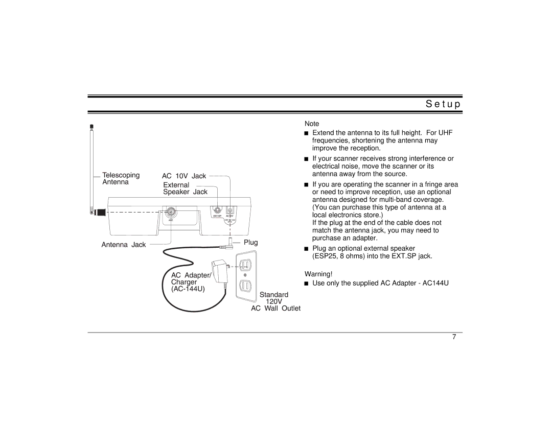 Uniden BC860XLT technical specifications Setup 