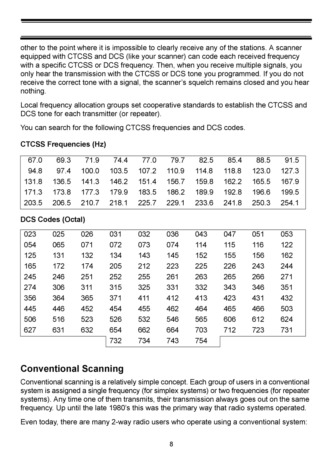 Uniden BC898T manual Conventional Scanning, Ctcss Frequencies Hz 