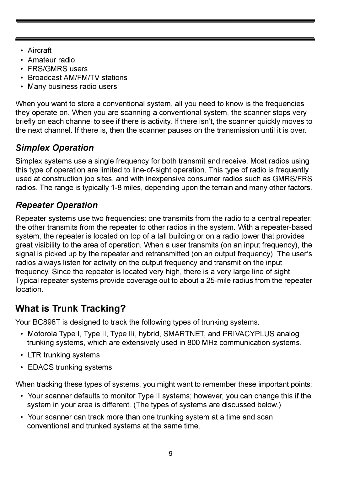 Uniden BC898T manual What is Trunk Tracking?, Simplex Operation, Repeater Operation 