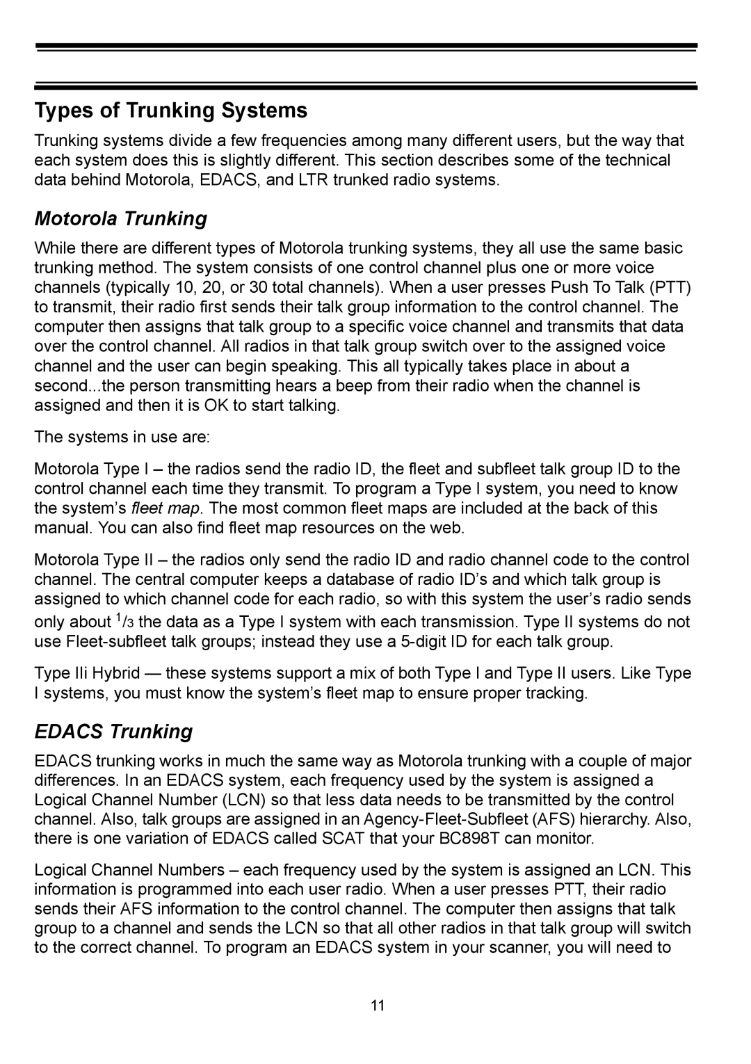 Uniden BC898T manual Types of Trunking Systems, Motorola Trunking, Edacs Trunking 