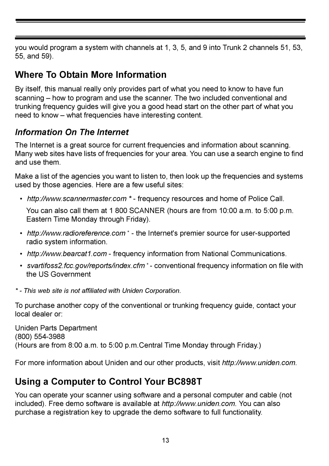 Uniden manual Where To Obtain More Information, Using a Computer to Control Your BC898T, Information On The Internet 