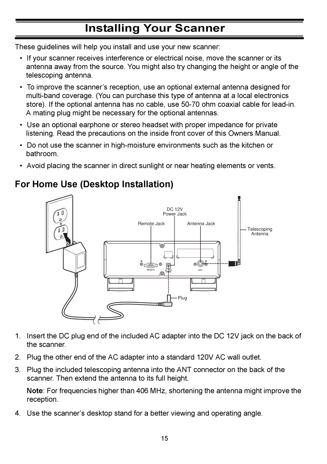 Uniden BC898T manual Installing Your Scanner, For Home Use Desktop Installation 