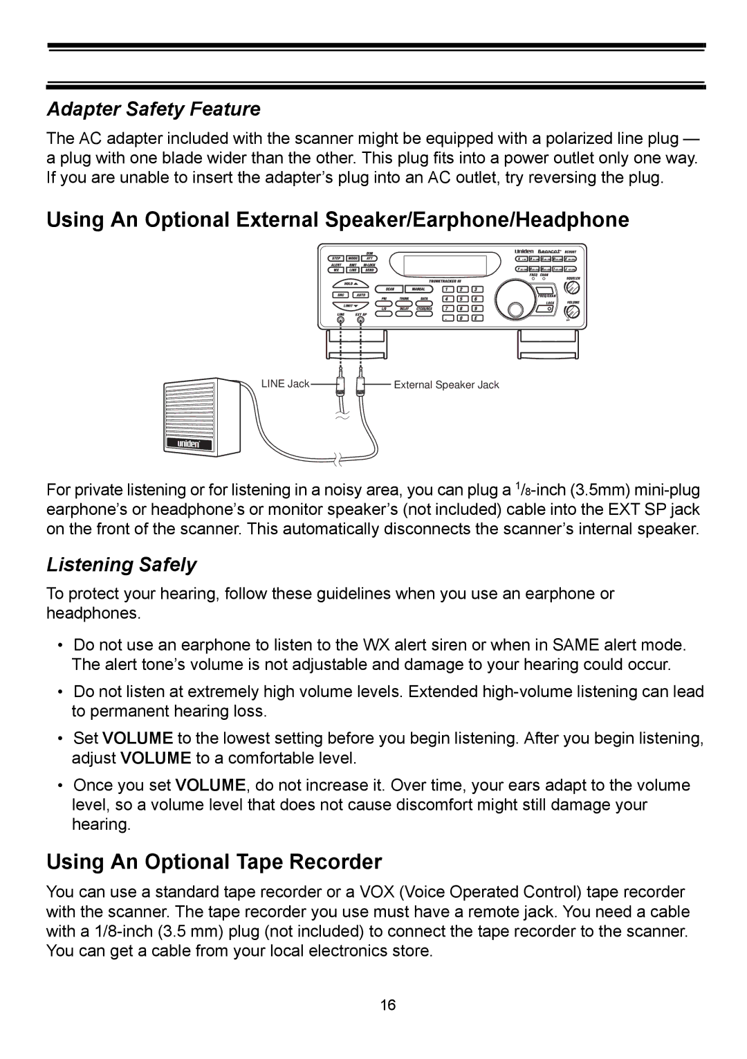 Uniden BC898T Using An Optional External Speaker/Earphone/Headphone, Using An Optional Tape Recorder, Listening Safely 