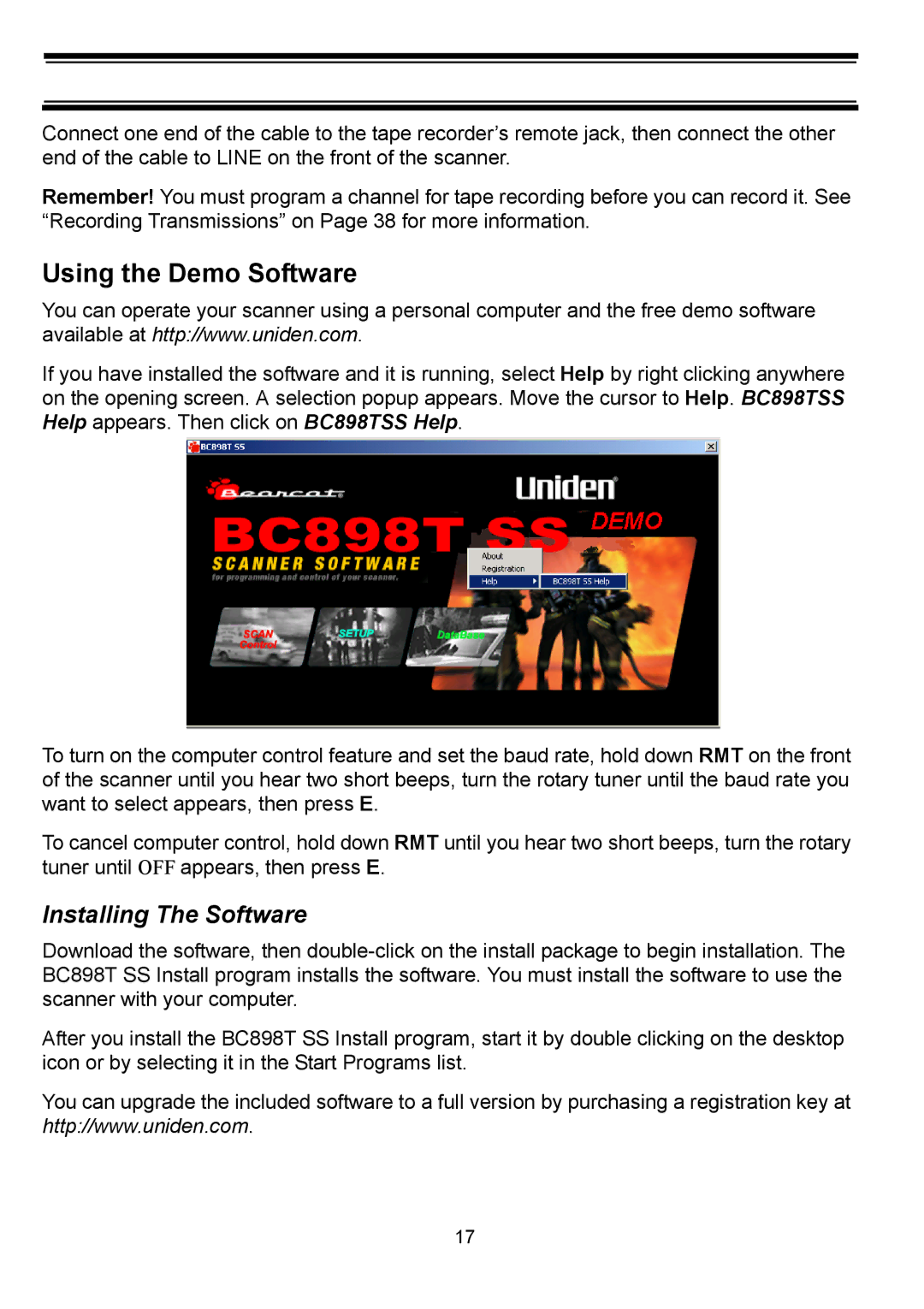 Uniden BC898T manual Using the Demo Software, Installing The Software 
