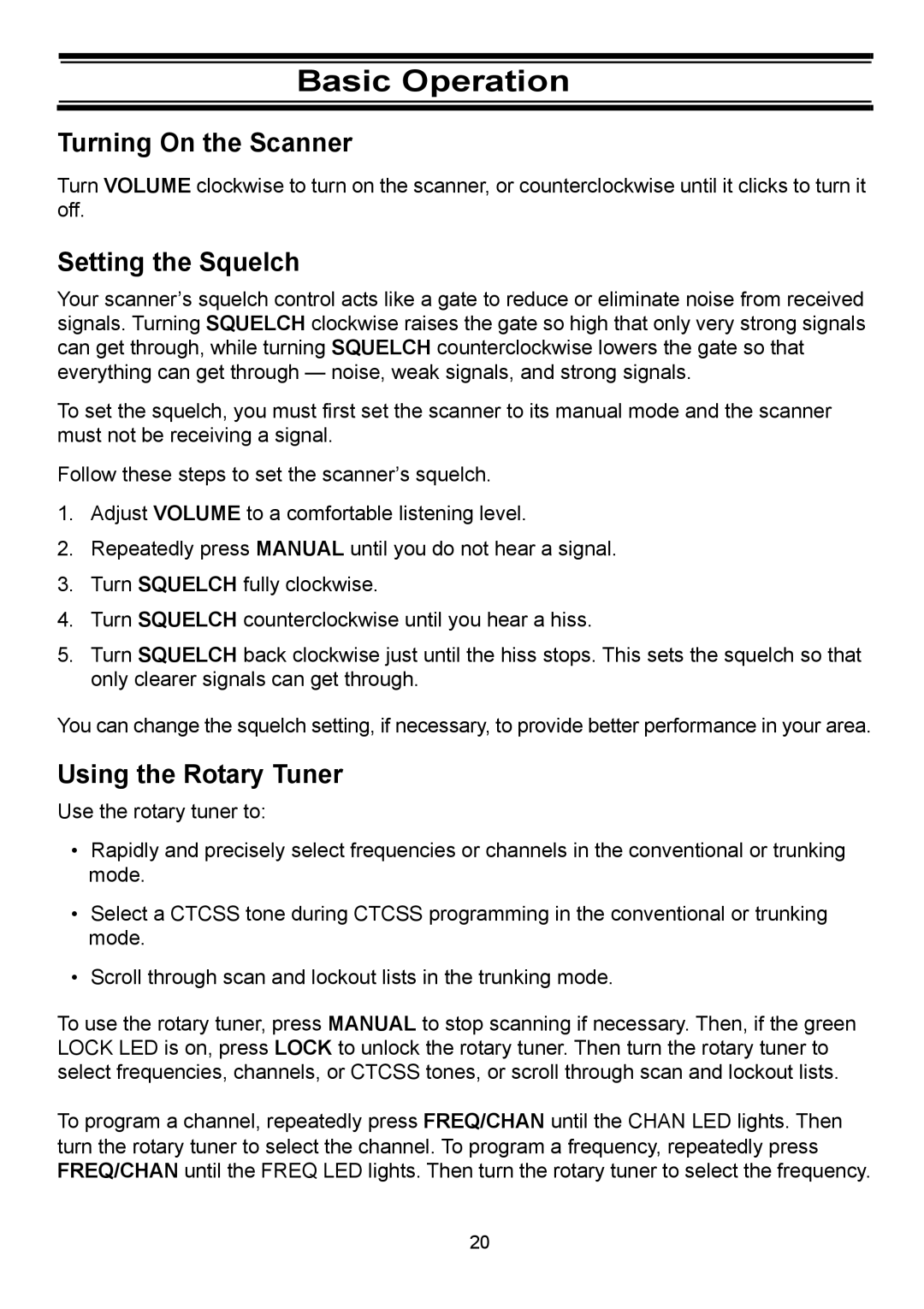 Uniden BC898T manual Basic Operation, Turning On the Scanner, Setting the Squelch, Using the Rotary Tuner 