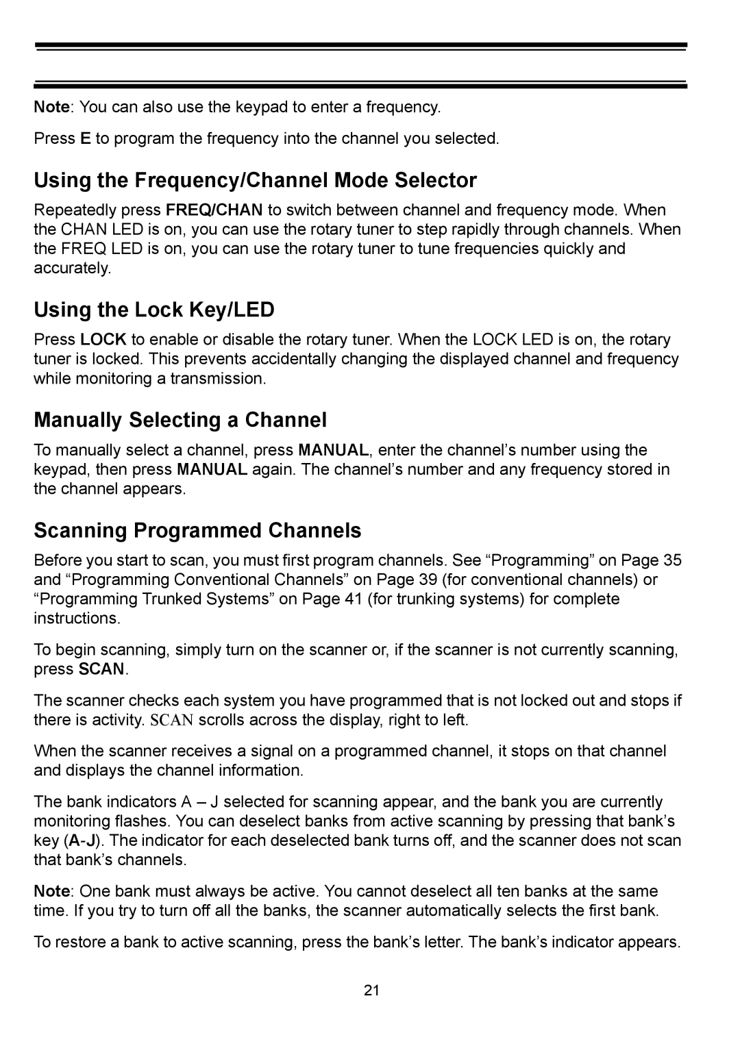 Uniden BC898T manual Using the Frequency/Channel Mode Selector, Using the Lock Key/LED, Manually Selecting a Channel 