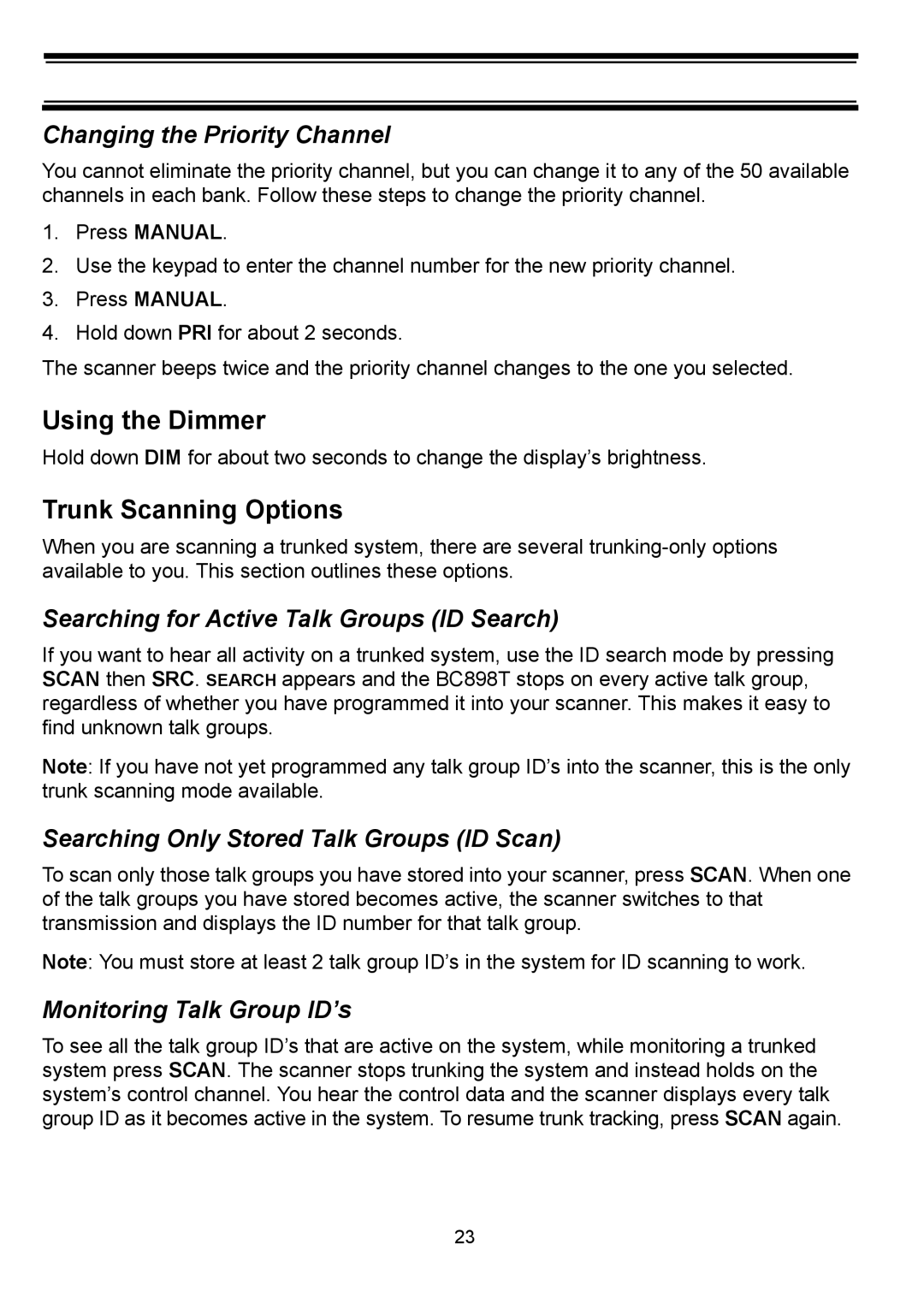 Uniden BC898T manual Using the Dimmer, Trunk Scanning Options 