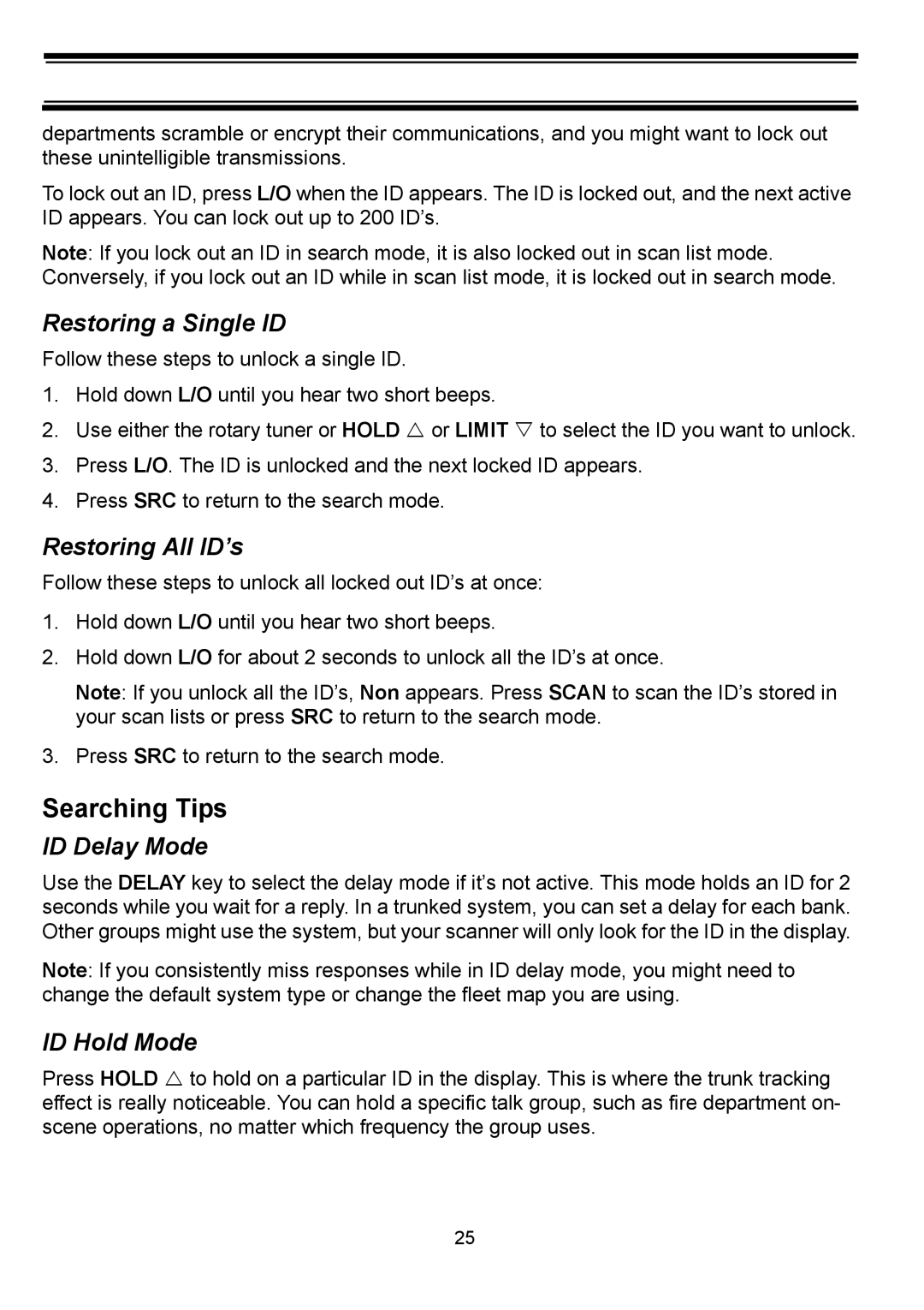 Uniden BC898T manual Searching Tips, Restoring a Single ID, Restoring All ID’s, ID Delay Mode, ID Hold Mode 